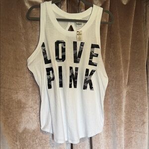 PINK Victoria's Secret White Racerback Tank with Camouflage Lettering Size XS